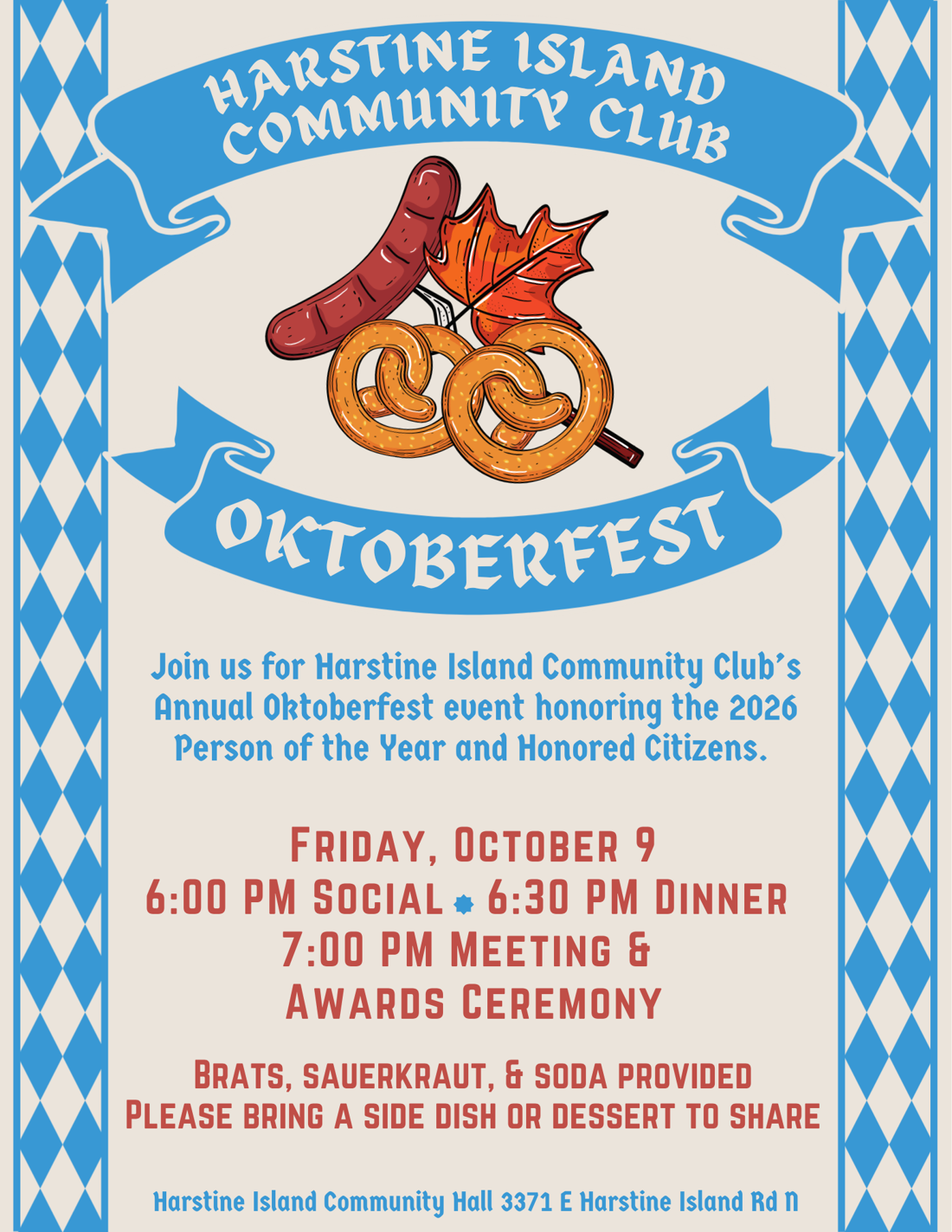 Oktoberfest flyer: Friday, October 9 at the Harstine Island Community Hall, 6 PM social, 6:30 PM dinner, 7 PM meeting and awards ceremony honoring the 2026 Person of the Year and Honored Citizens