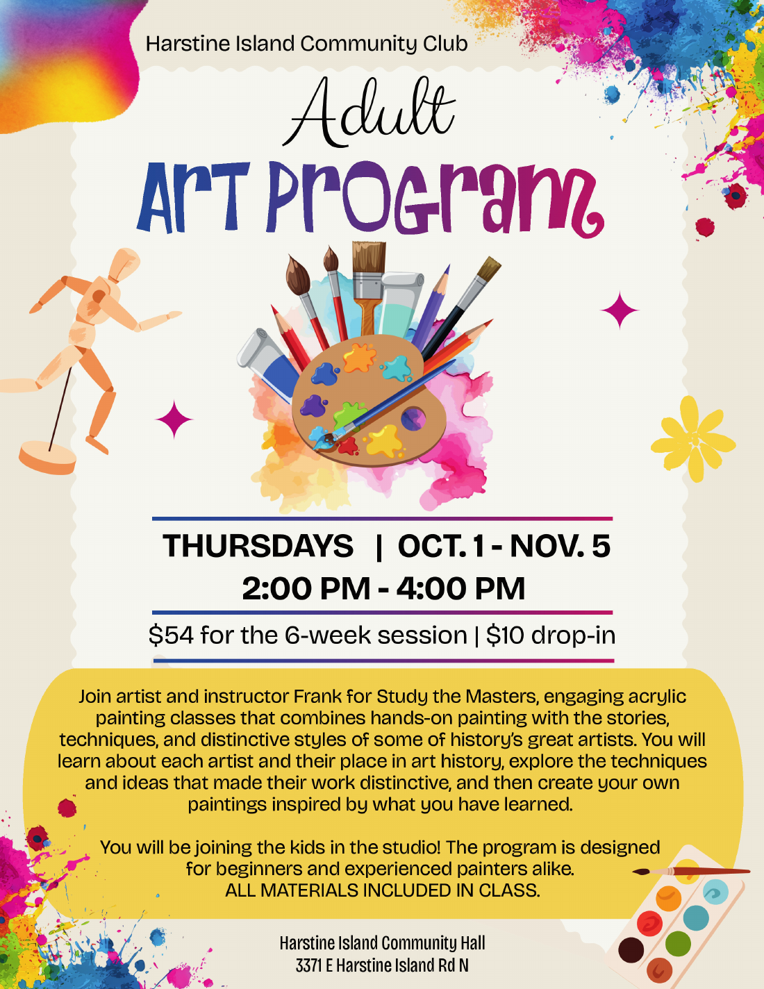 Adult Art Program flyer: Study the Masters acrylic painting with instructor Frank, Thursdays October 1 through November 5, 2 to 4 PM at the Harstine Island Community Hall, $54 for the six-week session or $10 drop-in, all materials included