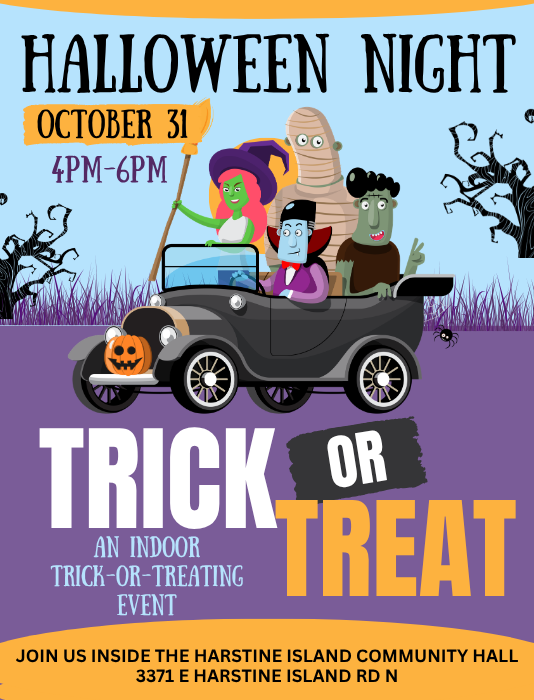 Halloween Night Trick or Treat flyer: indoor trick-or-treating event on October 31, 4 to 6 PM inside the Harstine Island Community Hall